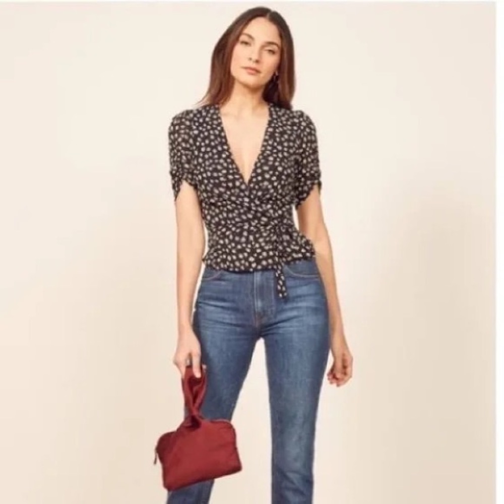 Reformation Maxine Floral Wrap Top - Dark Blue / White - XS